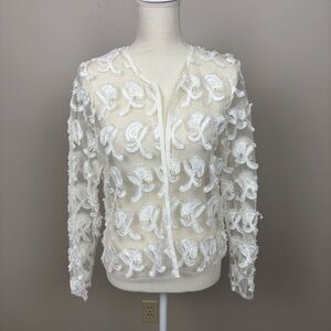 Neiman Marcus Jacket Medium White 3D Floral Appliqué Sheer Open Front Womens